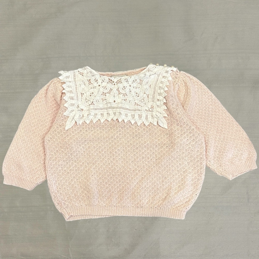 VTG 80s Granny Silk Cotton Knit Sweater Pink Lace Bib Pearl Detail Cottage Small
